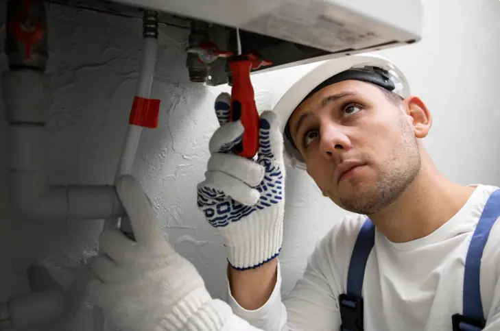 Technician diagnosing a fault in a commercial air conditioner
