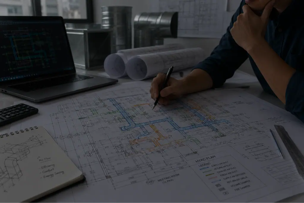 HVAC design engineer reviewing a heat-load calculation for a commercial building
